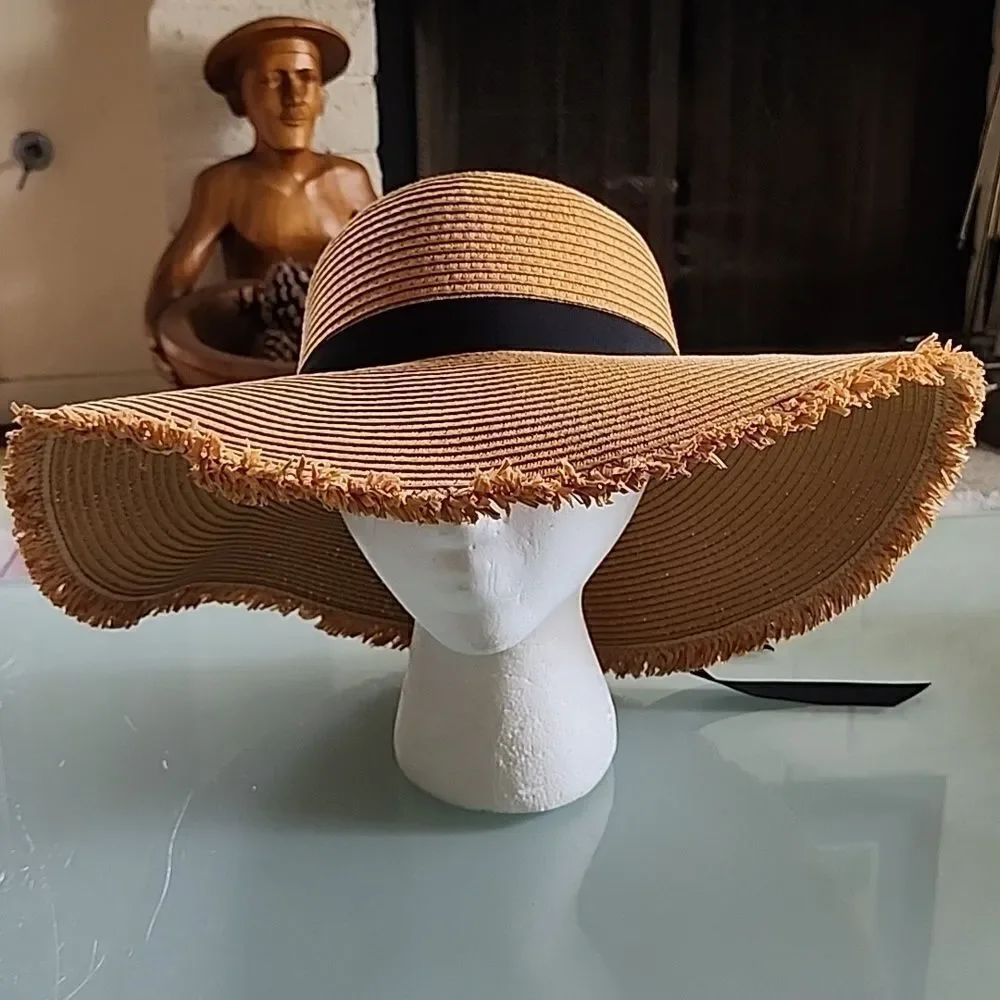 L. C. Packable Frayed Brim Resort Wear Cottagecore Coquette Girl Boho Chic Hat‎